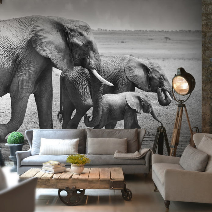 black and white photo wallpaper in the interior