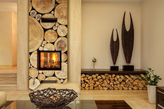 fireplace decorated with photo wallpaper