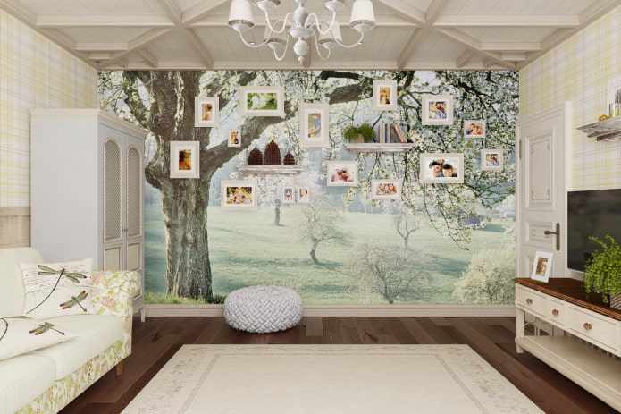 photo wallpaper in the living room in the Provence style