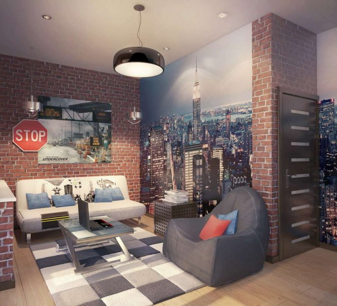 photo wallpaper in combination with brickwork