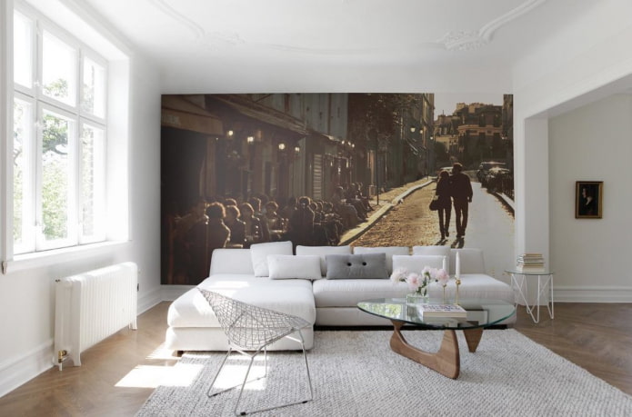 white photo wallpaper in the living room