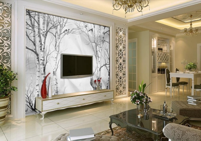 wall behind the TV decorated with photo wallpaper