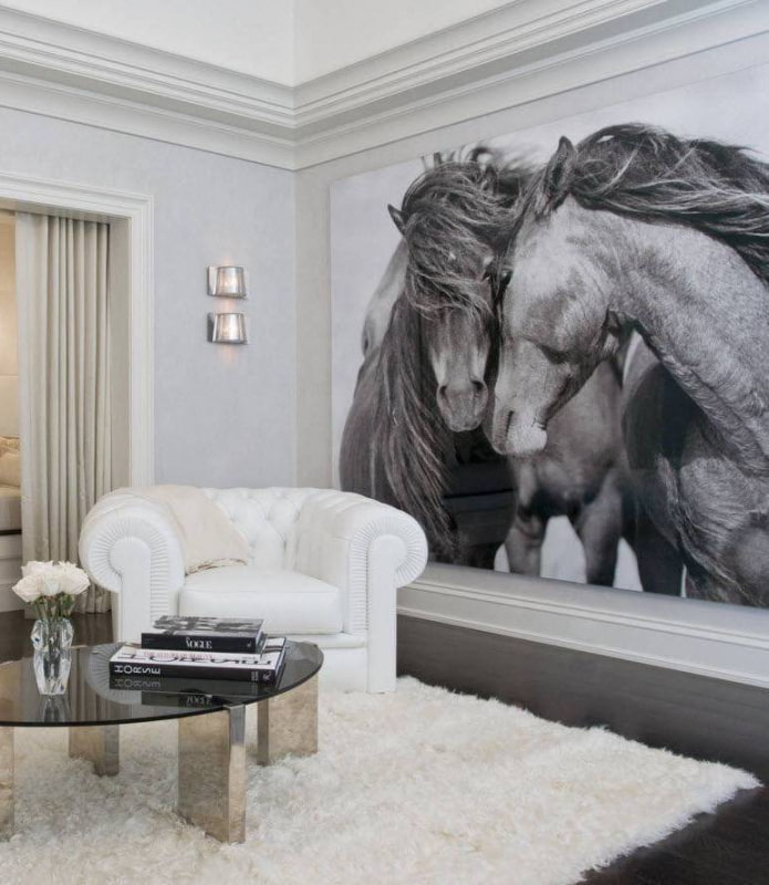 white photo wallpaper in the living room