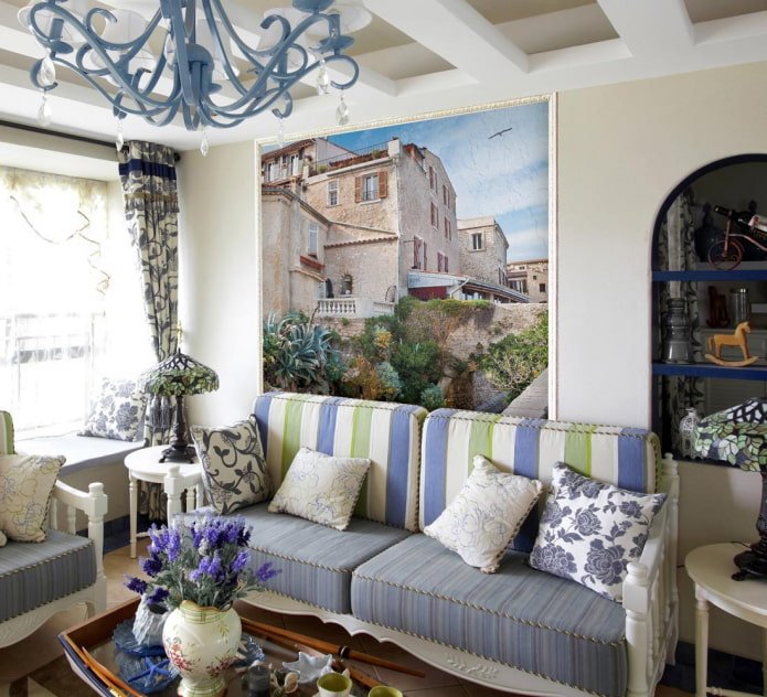 photo wallpaper in the living room in the Provence style