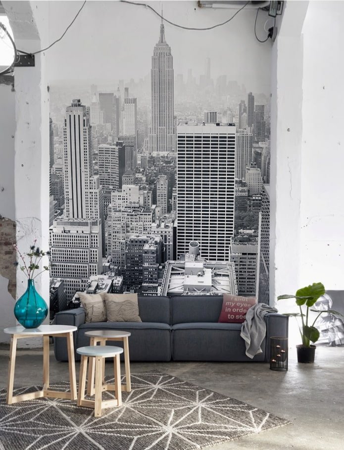 photo wallpaper in combination with whitewashed walls