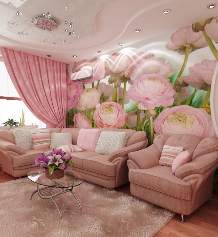 photo wallpaper in the hall in pink tones