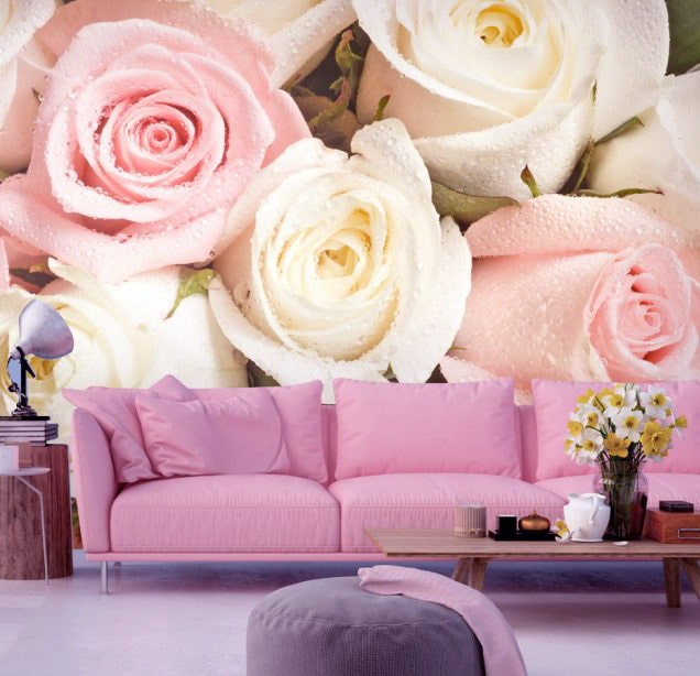 photo wallpaper in the hall in pink tones