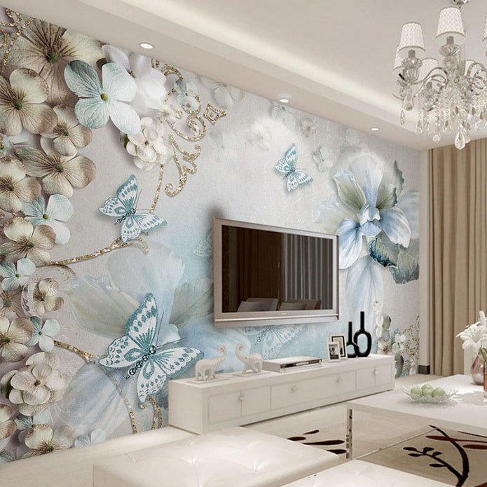 wall behind the TV decorated with photo wallpaper