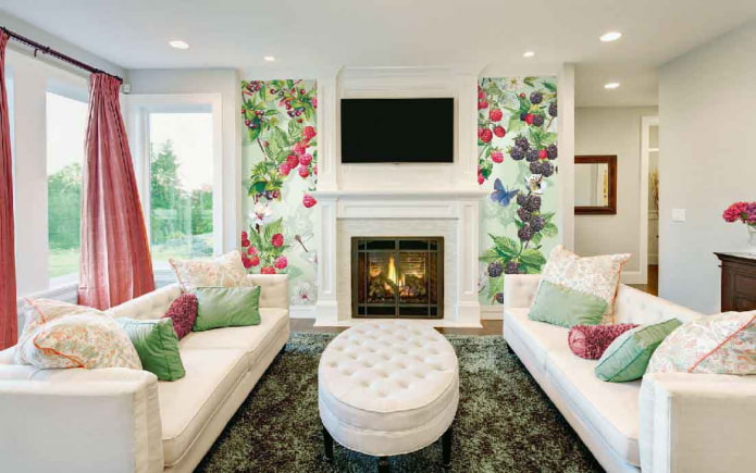 fireplace decorated with photo wallpaper