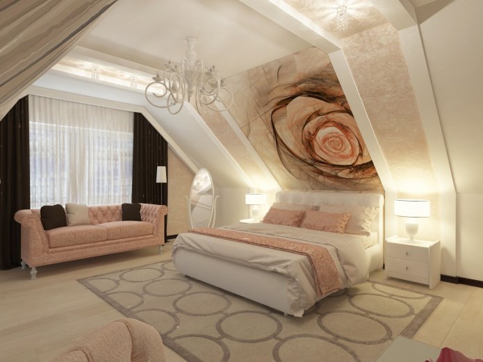 photo wallpaper on the wall in the bedroom with a rose pattern