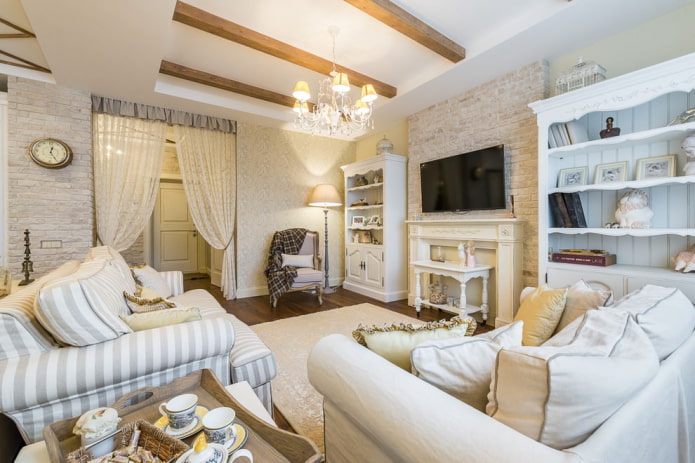 the walls in the living room are decorated with decorative plaster and brickwork