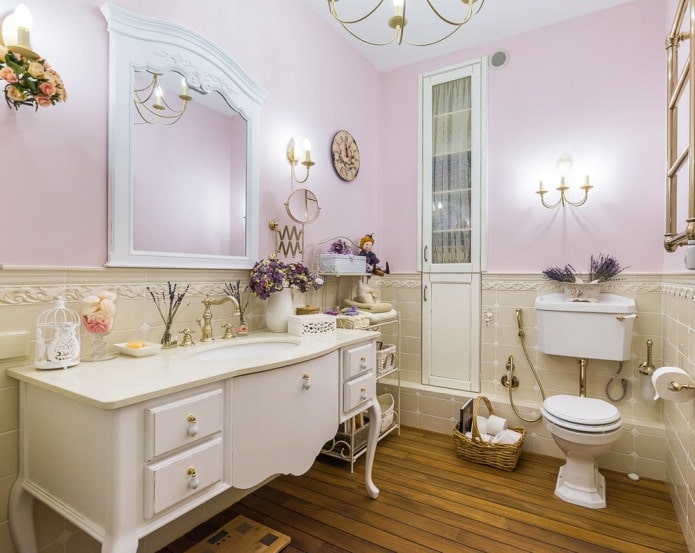 bathroom in lavender and beige tones