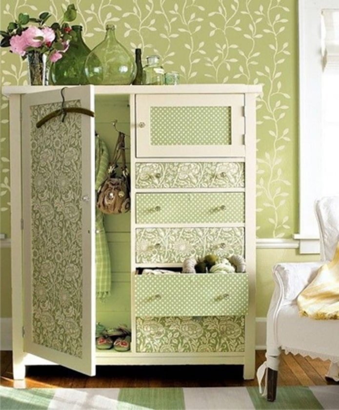 wardrobe door decorated with wallpaper