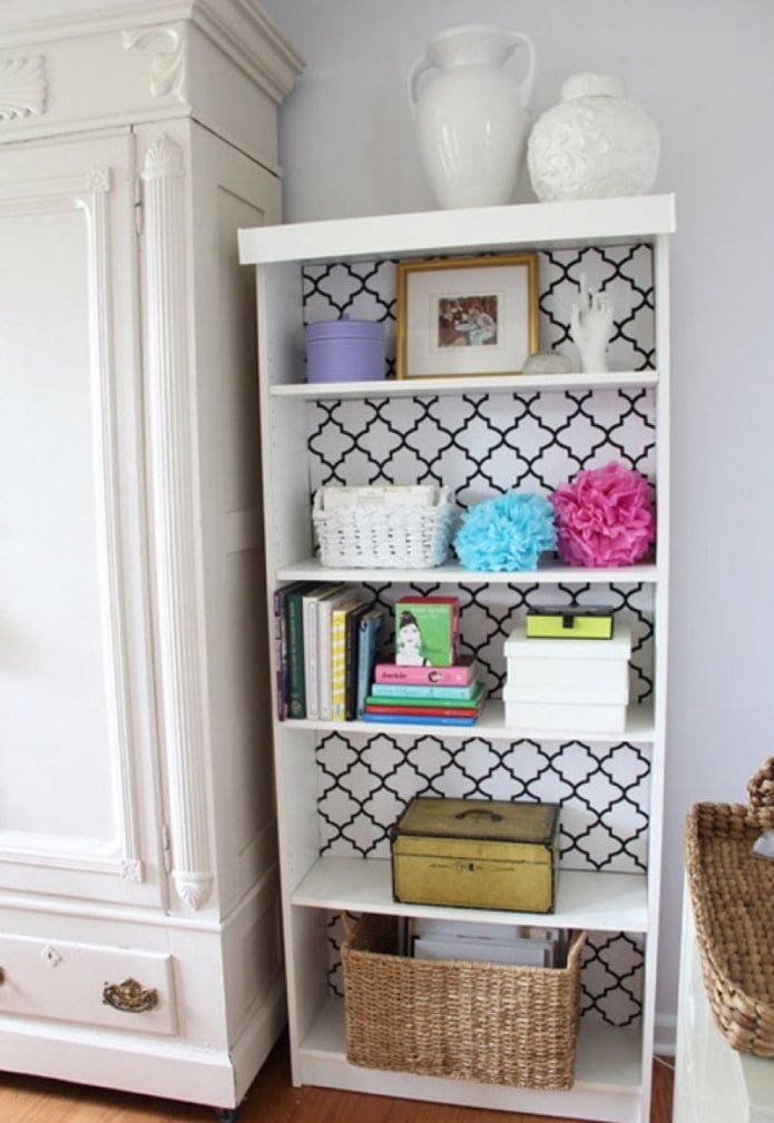 wardrobe interior stylized with geometric wallpaper