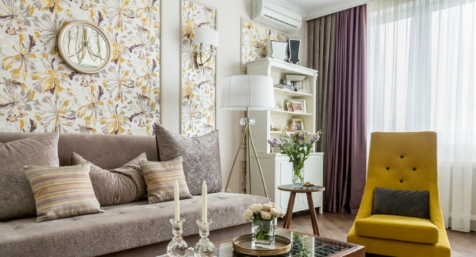 living room with pictures made of wallpaper