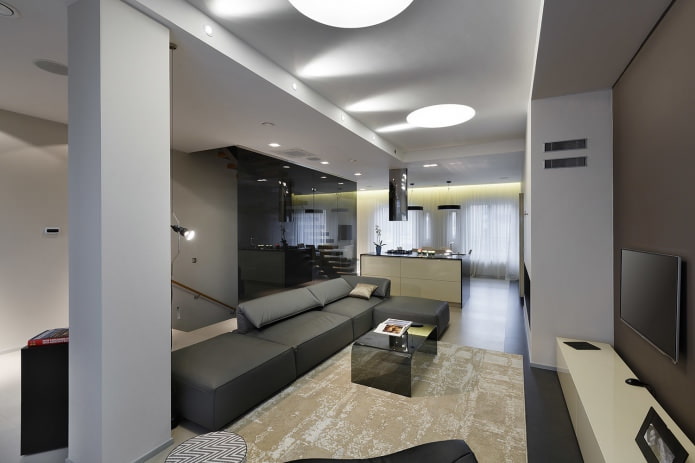 Gray living room interior in high-tech style