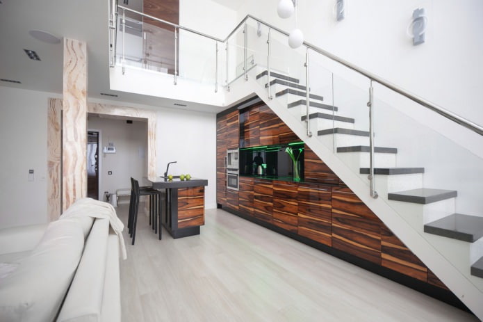 modern kitchen built into a flight of stairs