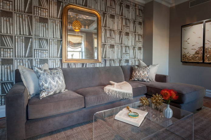 photo wallpaper on the wall behind the sofa