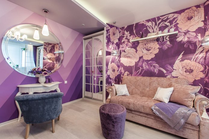 purple wallpaper for a small living room