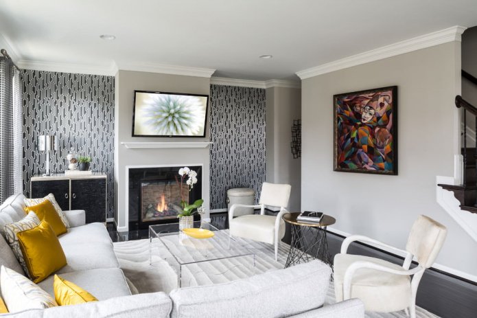 niches with wallpaper in the living room