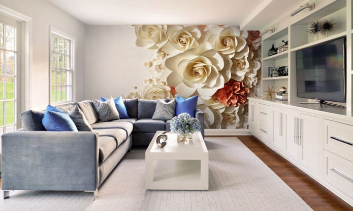 3D wallpaper with flowers in the living room interior