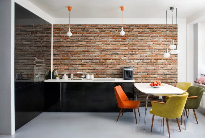 3D brick wallpaper in the kitchen interior