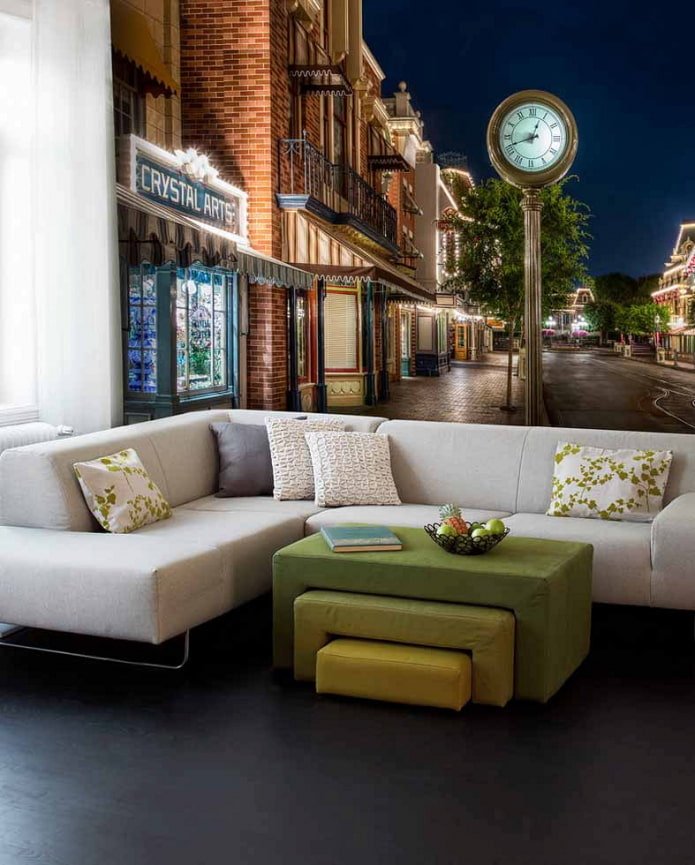 3D wallpaper with the image of the city in the living room