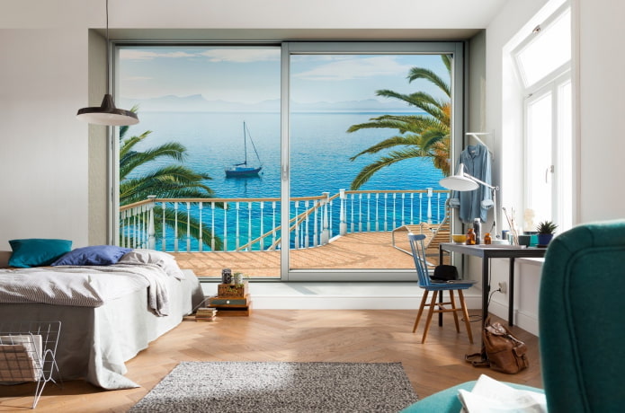 3D wallpaper with a view from the window in the bedroom