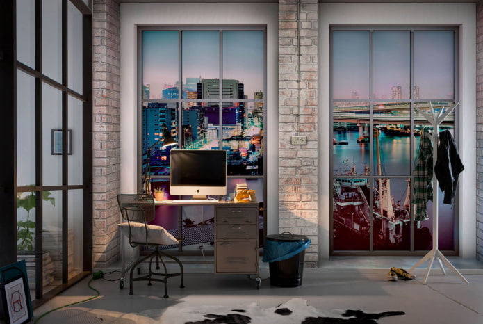 3D wallpaper with a view from the window in the office
