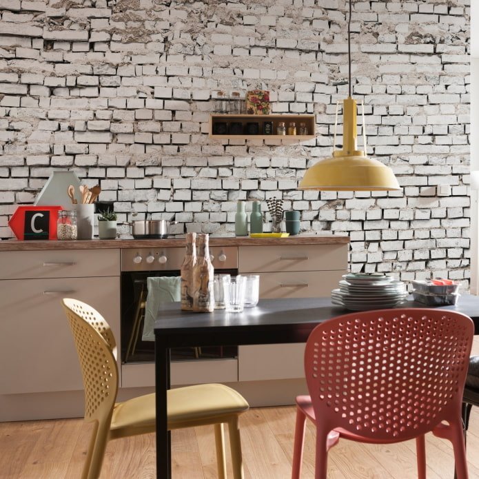 3D brick wallpaper in the kitchen interior