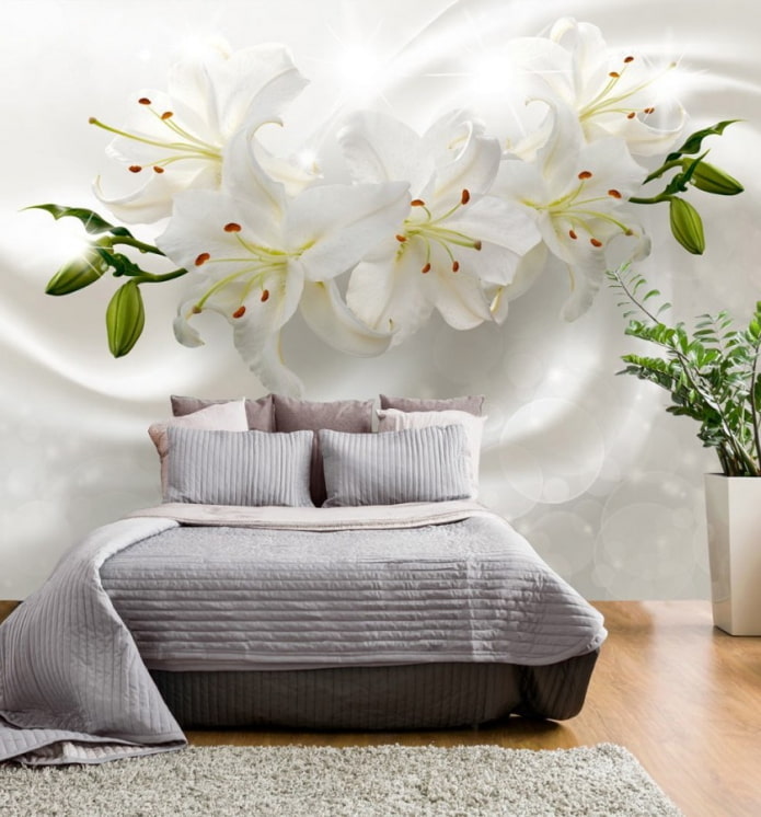 3D wallpaper with flowers in the bedroom interior