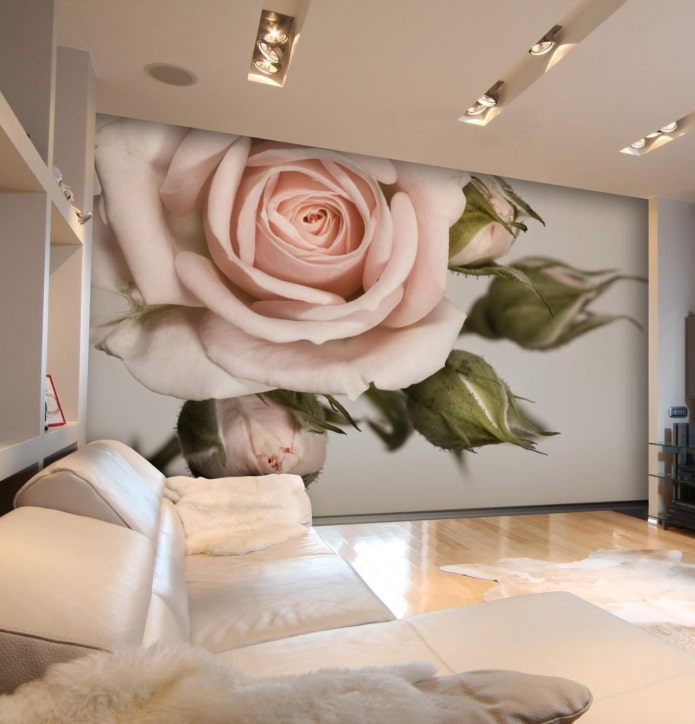 3D wallpaper with flowers in the living room interior