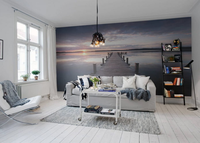 3D wallpaper with perspective in the living room interior