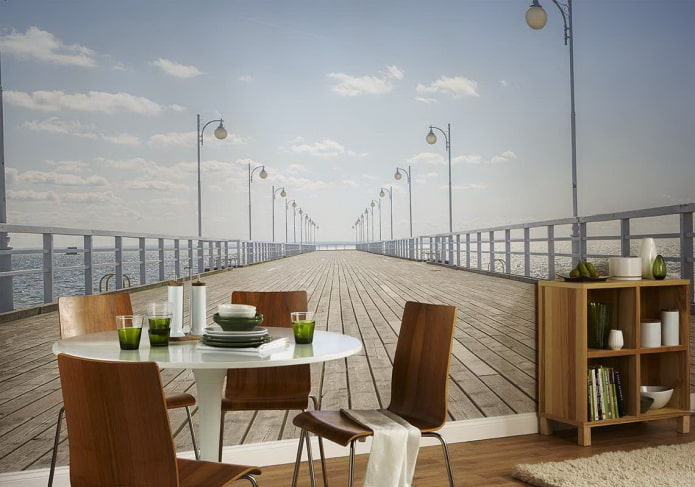 3D wallpaper with perspective in the dining room interior