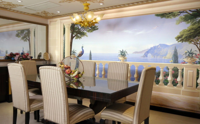 3D wallpaper with a fresco in the dining room interior