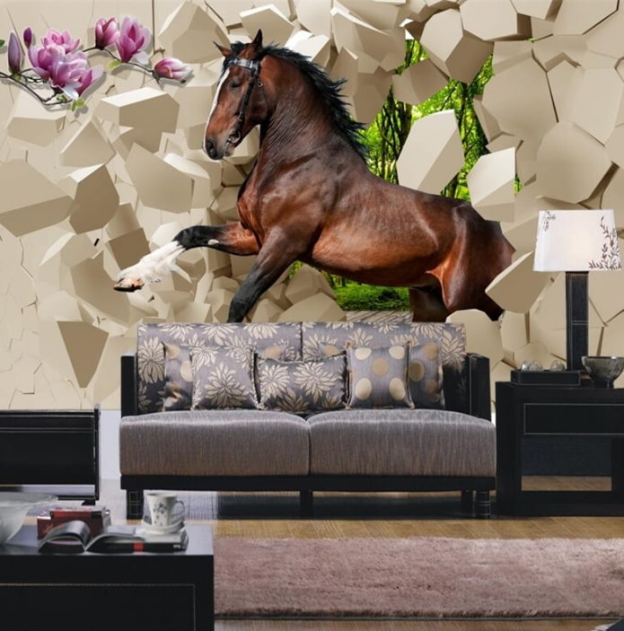 3D photo wallpaper with a horse in the living room interior