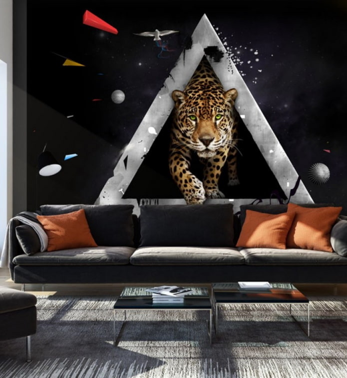 3D photo wallpaper with a cheetah in the living room interior