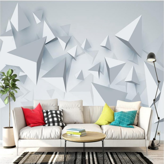 3D wallpaper with geometry in the living room interior