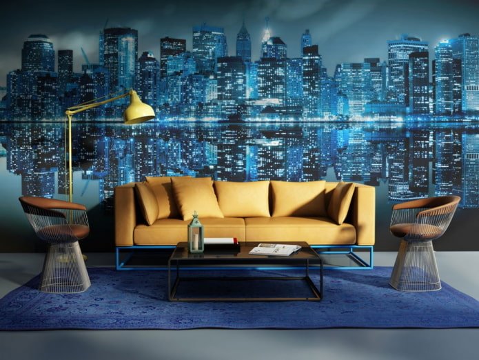 3D wallpaper with the image of the city in the living room