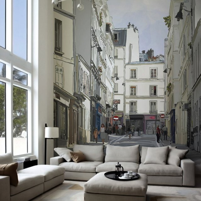 3D wallpaper with a picture of a city in the living room
