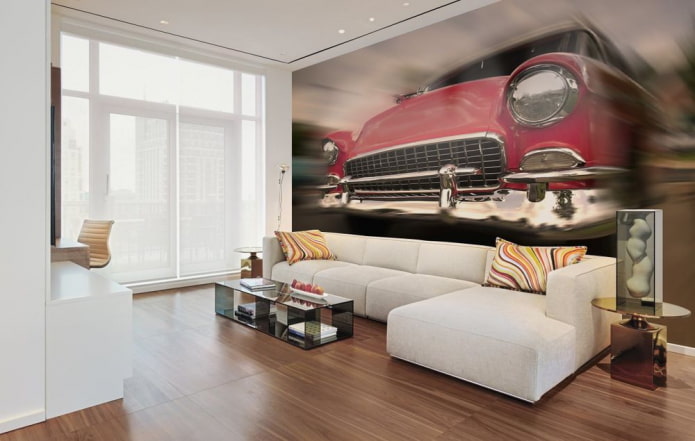 3D photo wallpaper with a car in the living room