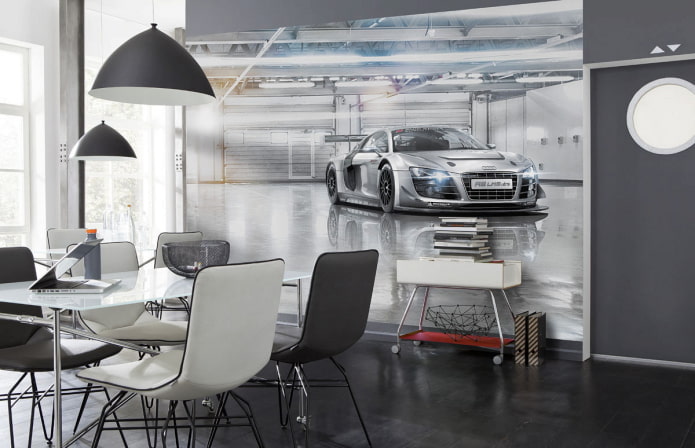 3D photo wallpaper with a car in the dining room