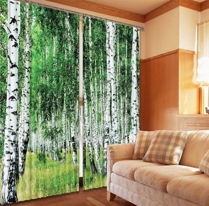 3D curtains with a birch grove