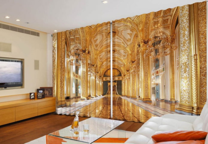 long 3D curtains with the image of the palace interior