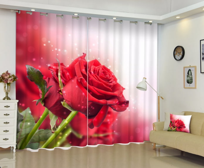 3D curtains with an image of a rose