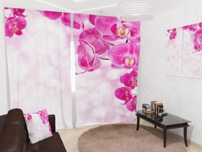 3D curtains with an image of an orchid