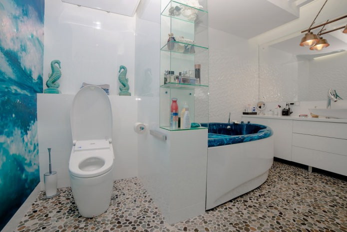 bathroom floor made of small stones