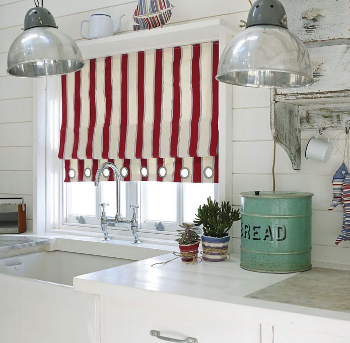 red and white roman blinds