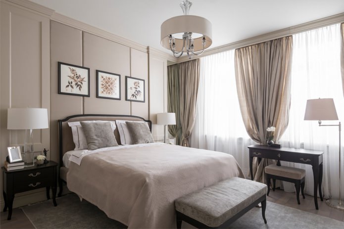 floor lamp, table lamps and a chandelier in the bedroom
