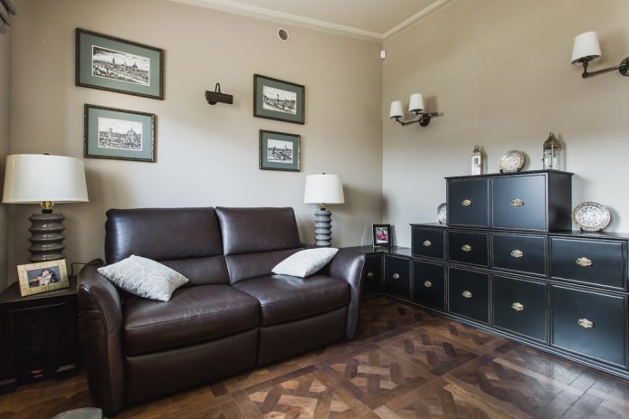 living room with many floor lamps, photos, decorative pillows, identical paintings and ethnic plates